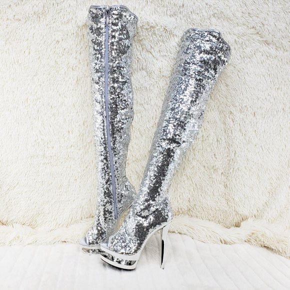 3011 Silver Sequin Open Toe Thigh High Heel Boots Blondie - Picture 7 of 15
